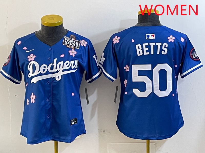 Women Los Angeles Dodgers #50 Betts Blue Sakura Edition 2025 Nike MLB Jersey style 2